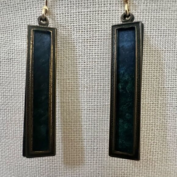 Modernist Patina Rectangle Drop Earrings with Gold-Tone Hooks - Picture 1 of 7